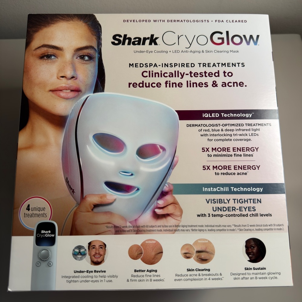 SHARK CryoGlow Red Blue & Infrared iQLED Face Mask & Under Eye Cooling *NIB*